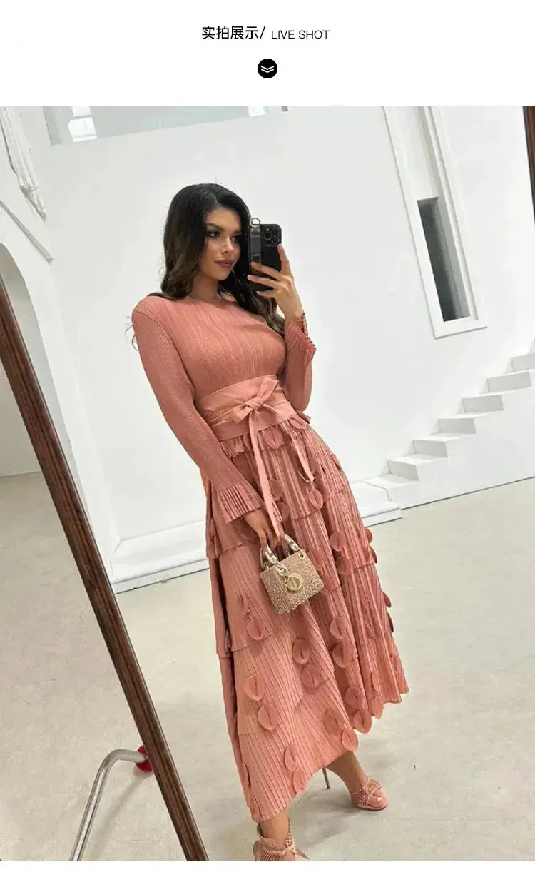Pleated Socialite Shell Flower Lace-up Pleated Long Dresses