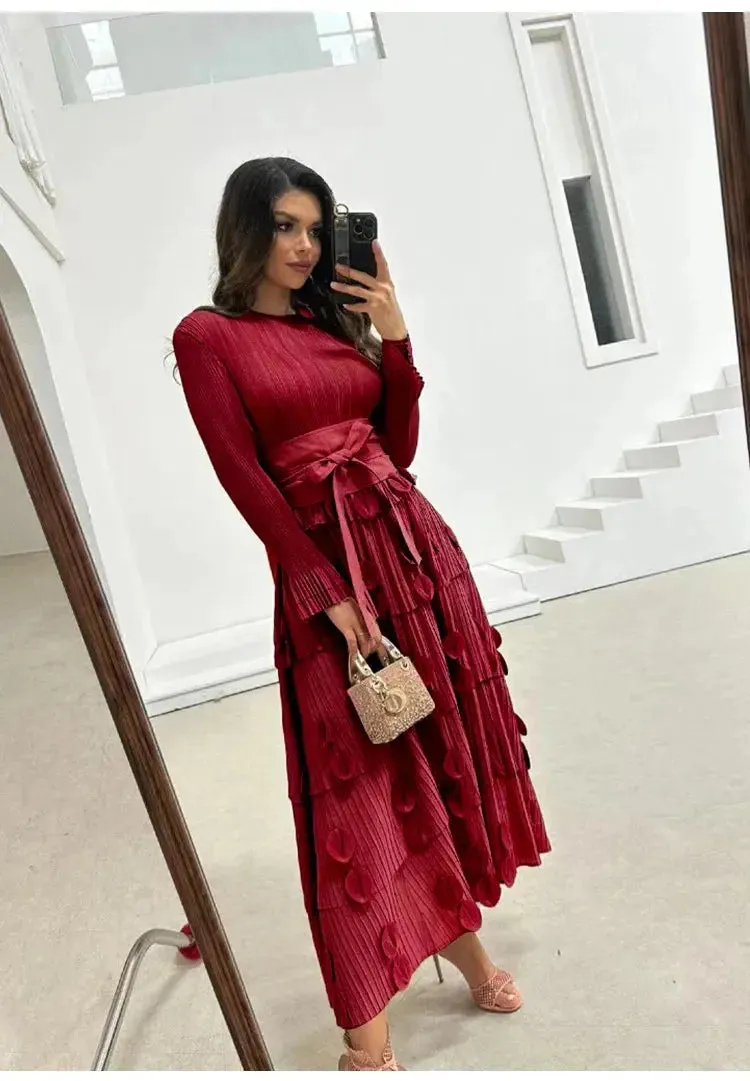 Pleated Socialite Shell Flower Lace-up Pleated Long Dresses