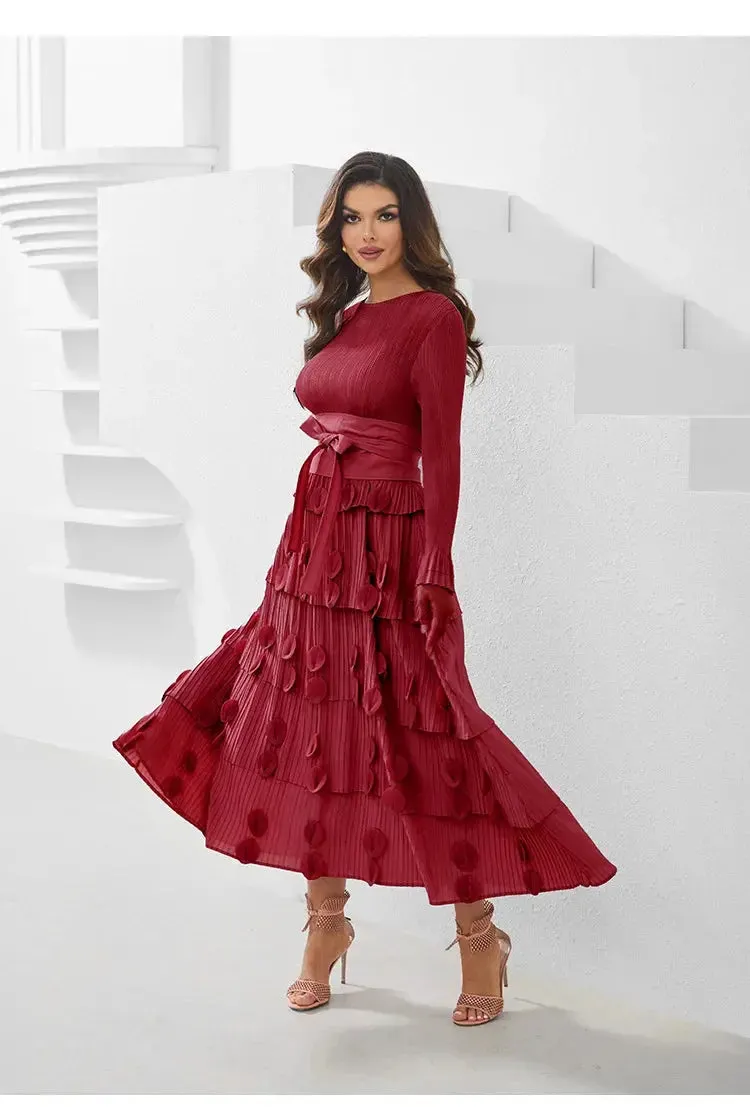 Pleated Socialite Shell Flower Lace-up Pleated Long Dresses