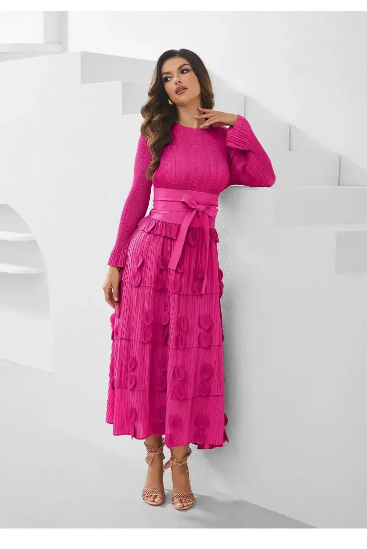 Pleated Socialite Shell Flower Lace-up Pleated Long Dresses