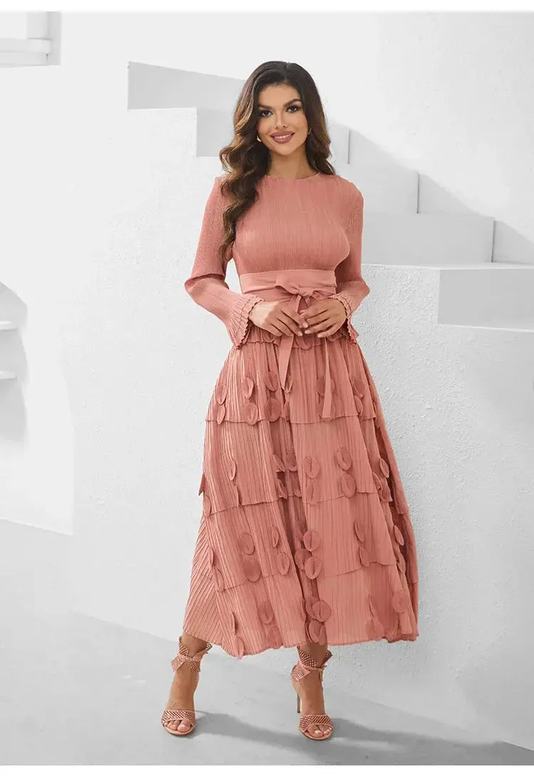 Pleated Socialite Shell Flower Lace-up Pleated Long Dresses