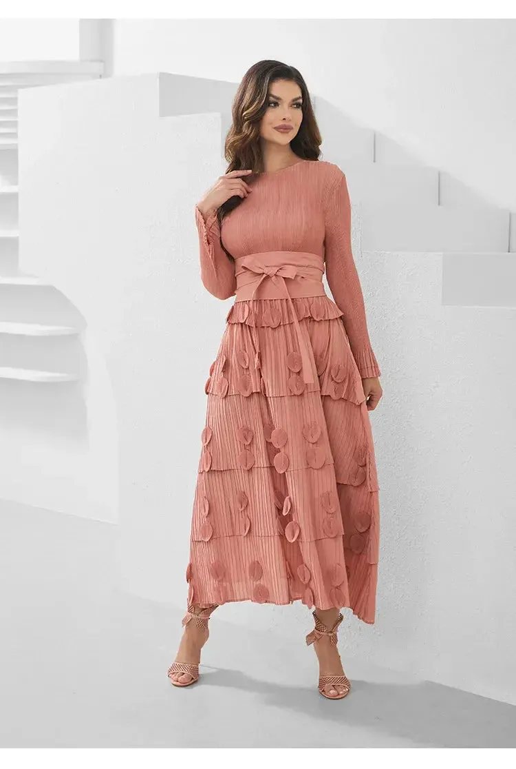 Pleated Socialite Shell Flower Lace-up Pleated Long Dresses