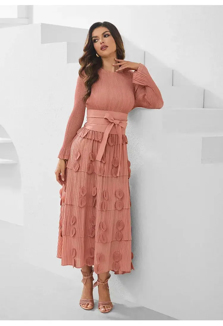 Pleated Socialite Shell Flower Lace-up Pleated Long Dresses