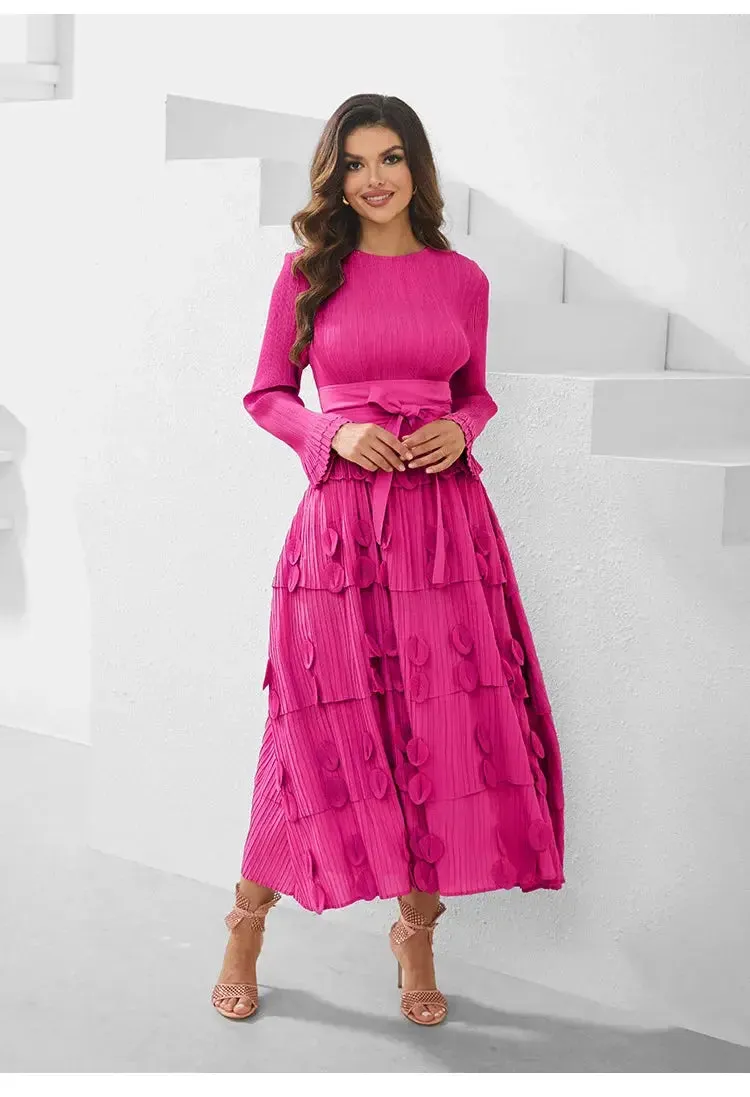 Pleated Socialite Shell Flower Lace-up Pleated Long Dresses