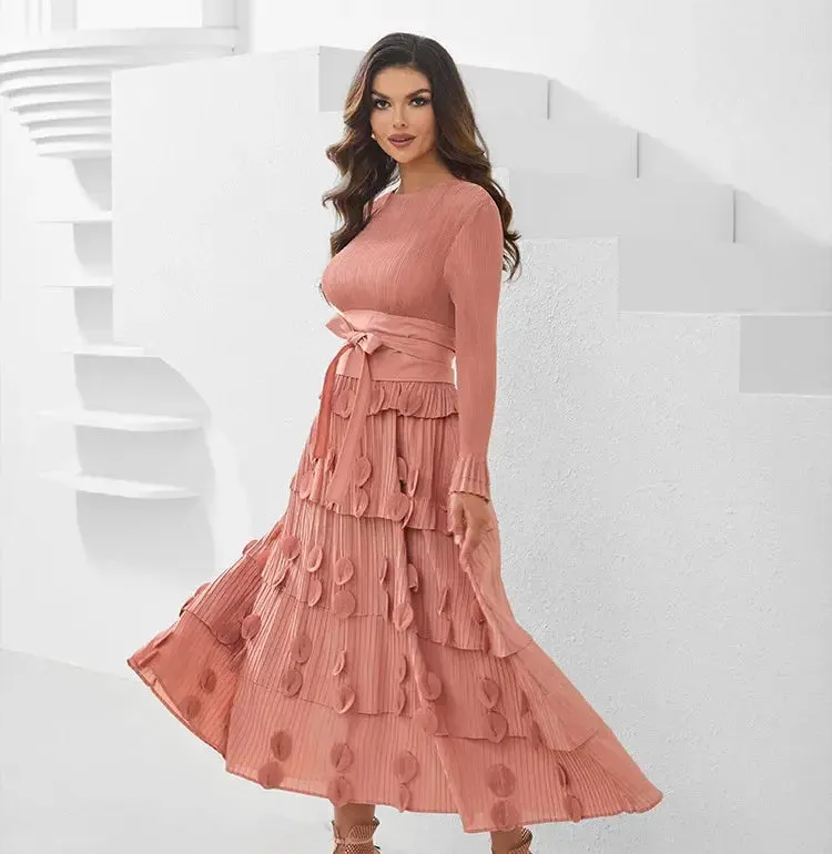 Pleated Socialite Shell Flower Lace-up Pleated Long Dresses