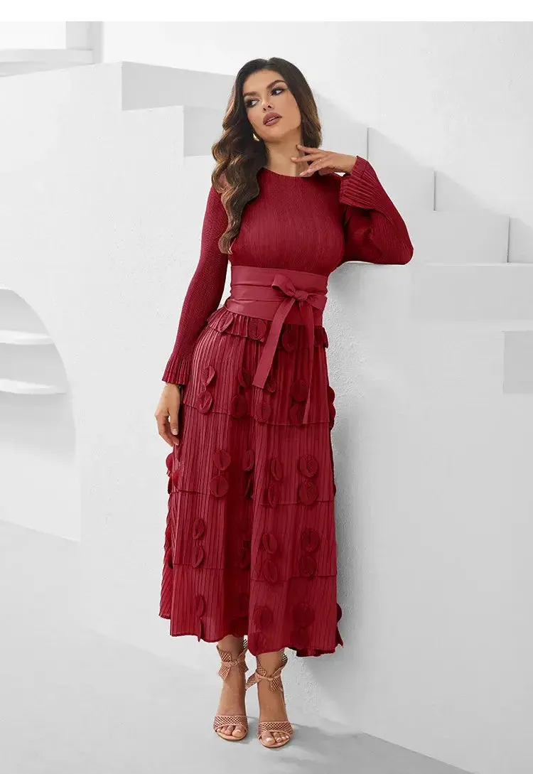 Pleated Socialite Shell Flower Lace-up Pleated Long Dresses