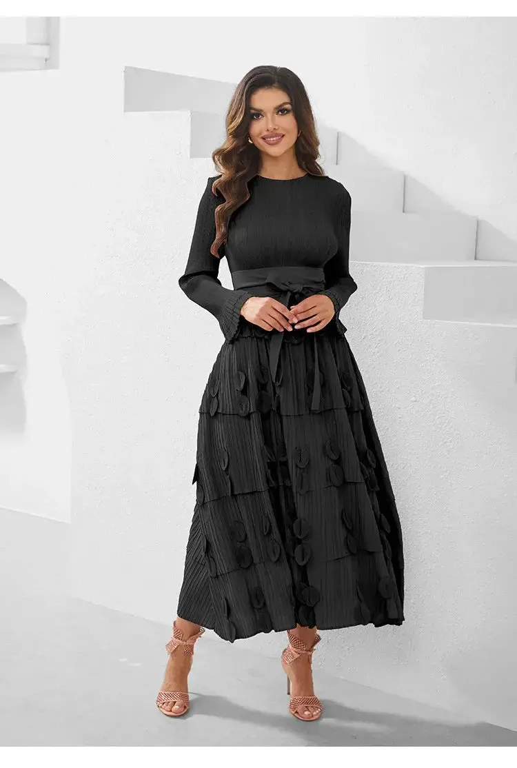 Pleated Socialite Shell Flower Lace-up Pleated Long Dresses