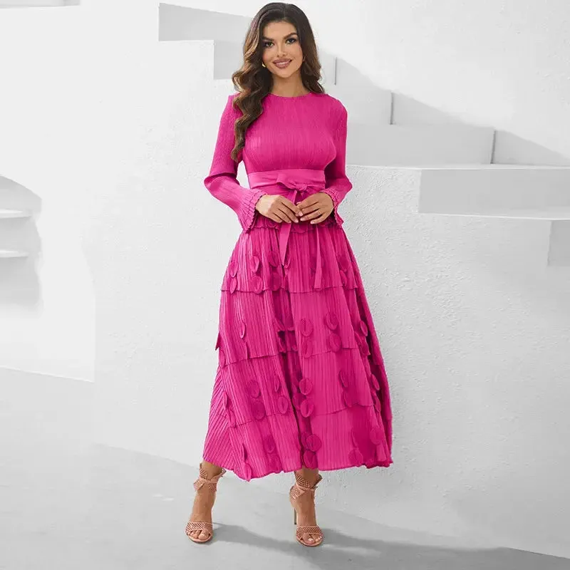 Pleated Socialite Shell Flower Lace-up Pleated Long Dresses