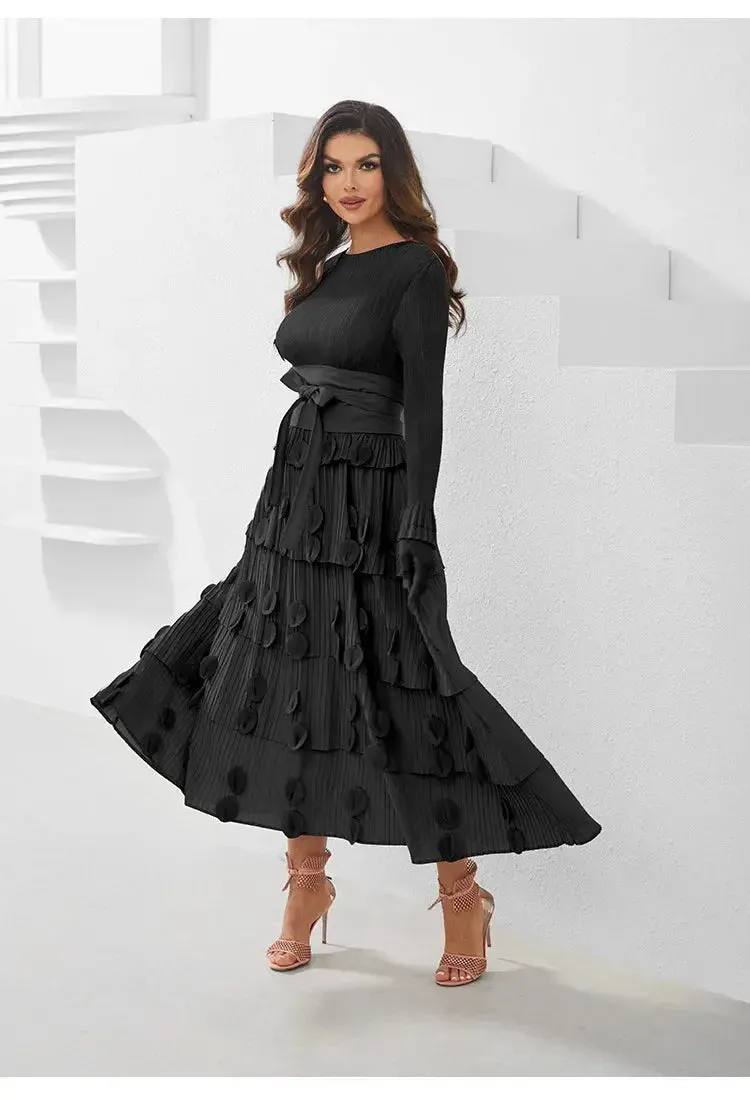 Pleated Socialite Shell Flower Lace-up Pleated Long Dresses