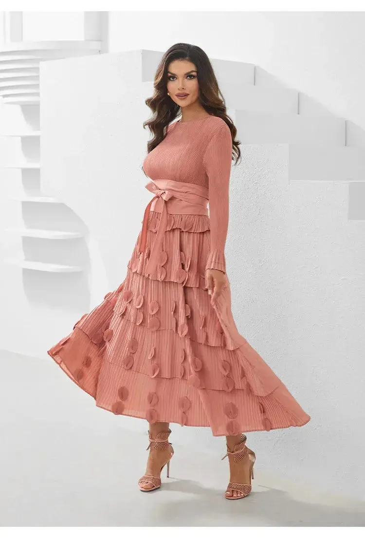 Pleated Socialite Shell Flower Lace-up Pleated Long Dresses