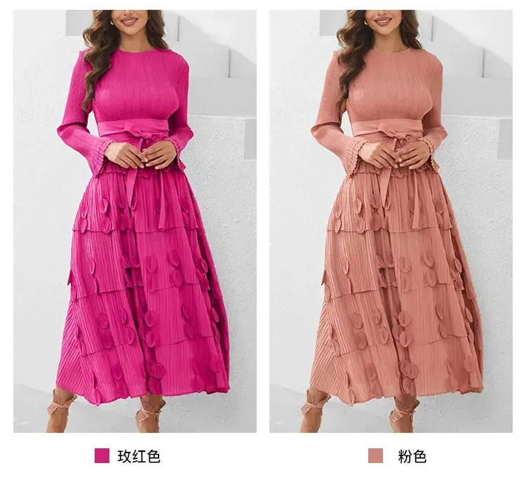 Pleated Socialite Shell Flower Lace-up Pleated Long Dresses