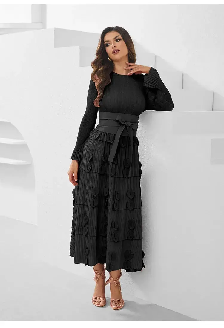 Pleated Socialite Shell Flower Lace-up Pleated Long Dresses