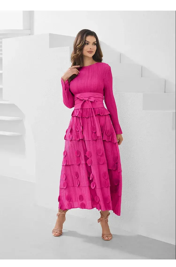Pleated Socialite Shell Flower Lace-up Pleated Long Dresses