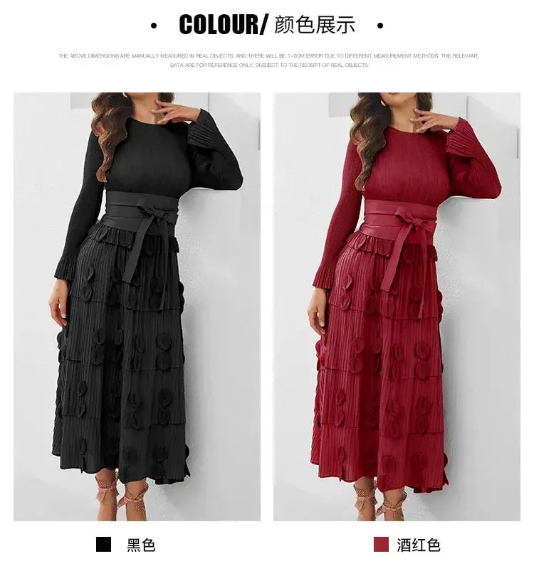 Pleated Socialite Shell Flower Lace-up Pleated Long Dresses