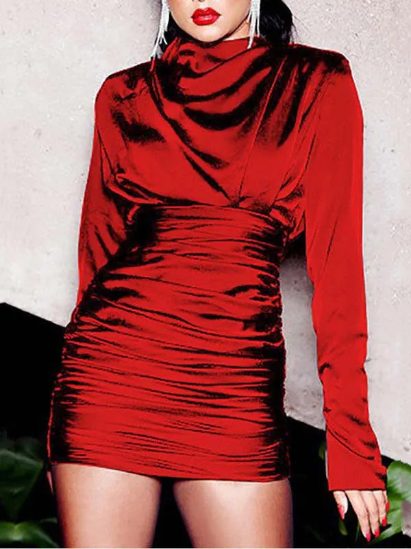 Pleated Solid Color Sexy Tight-fitting Long-sleeved Dress