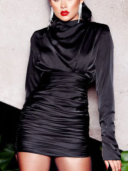 Pleated Solid Color Sexy Tight-fitting Long-sleeved Dress