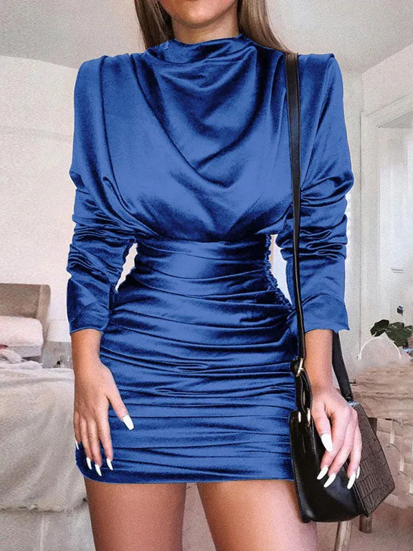 Pleated Solid Color Sexy Tight-fitting Long-sleeved Dress