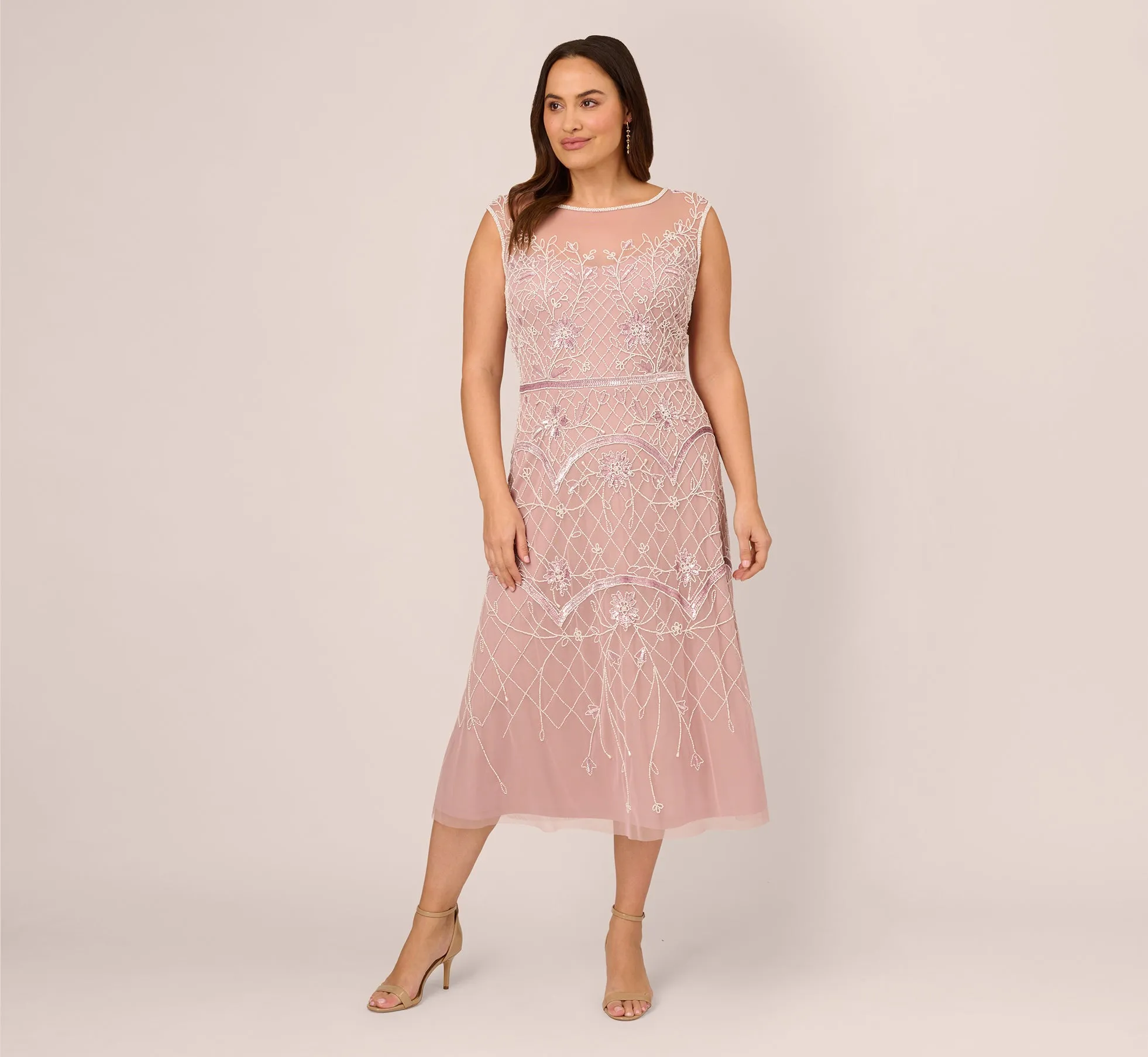 Plus Size Beaded Ankle-Length Dress With Sheer Neckline In Dusted Petal Ivory