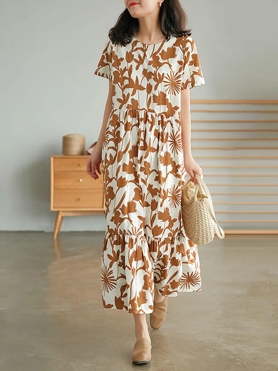 Plus Size Cotton O-neck Floral Dress