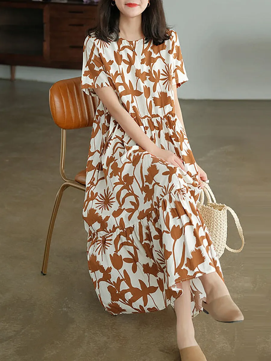 Plus Size Cotton O-neck Floral Dress