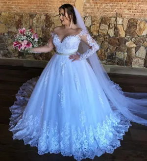 plus size white wedding dress ball gown long sleeve lace appliqué beaded elegant cheap bridal dresses 2021