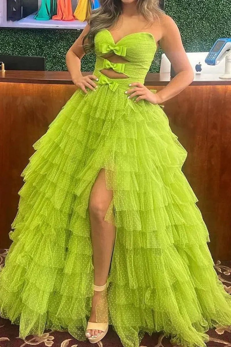 Polka Dot Strapless Ruffle Tie Prom Gown with Keyholes