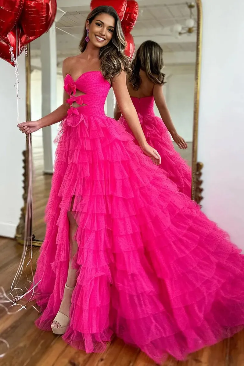 Polka Dot Strapless Ruffle Tie Prom Gown with Keyholes