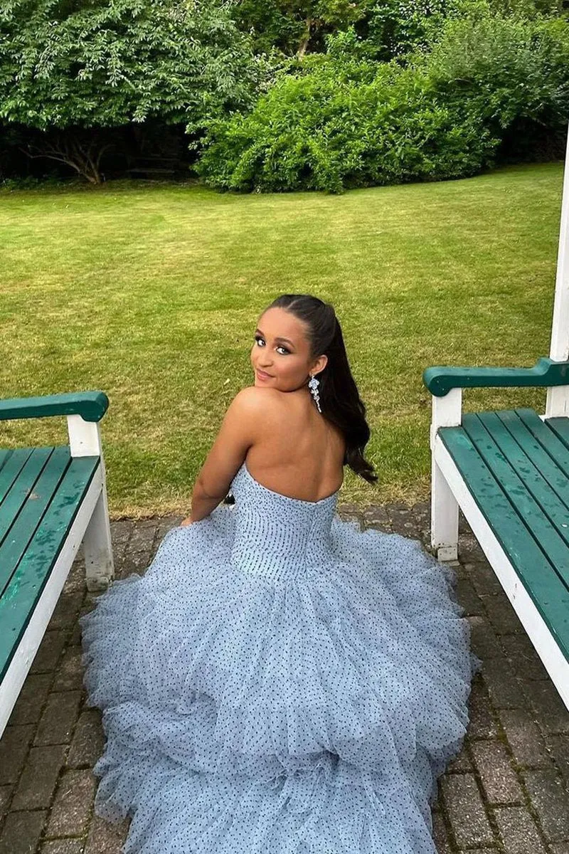 Polka Dot Strapless Ruffle Tie Prom Gown with Keyholes
