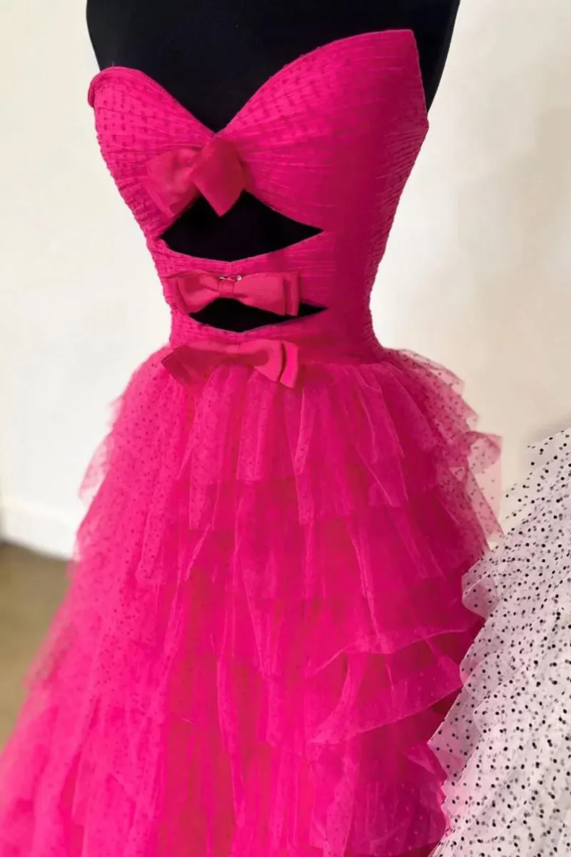 Polka Dot Strapless Ruffle Tie Prom Gown with Keyholes