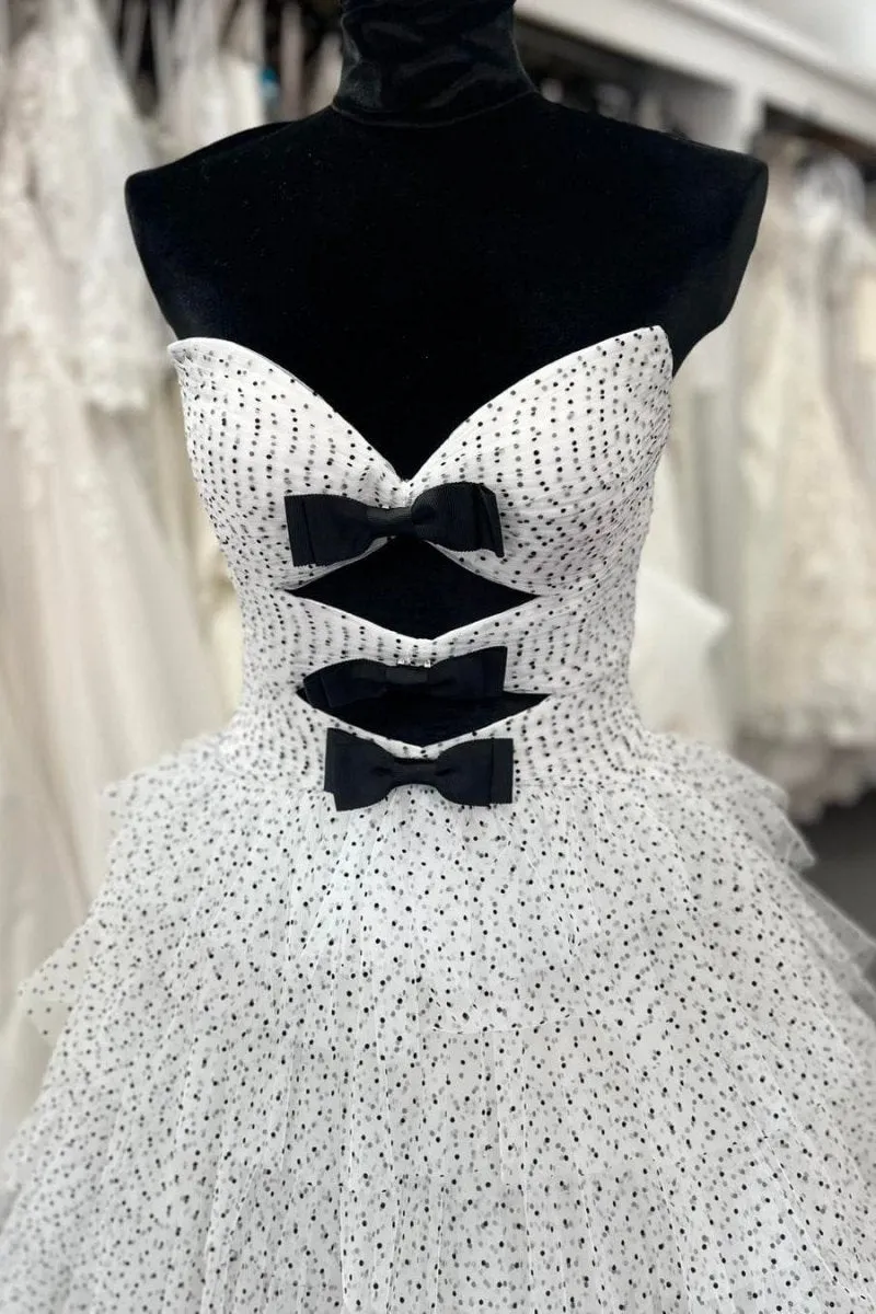 Polka Dot Strapless Ruffle Tie Prom Gown with Keyholes