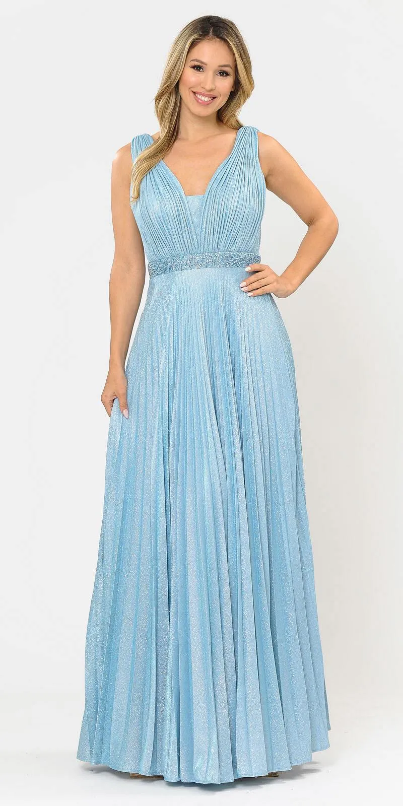 Poly USA 8600 Sleeveless Pleated Glitter Knit Long Dress Beaded Waist