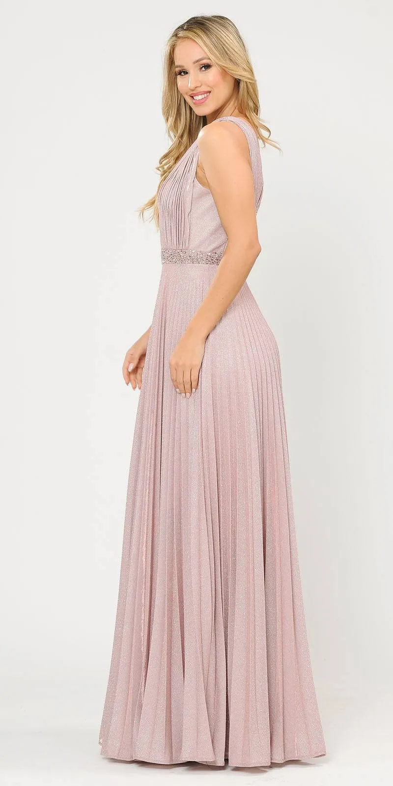 Poly USA 8600 Sleeveless Pleated Glitter Knit Long Dress Beaded Waist