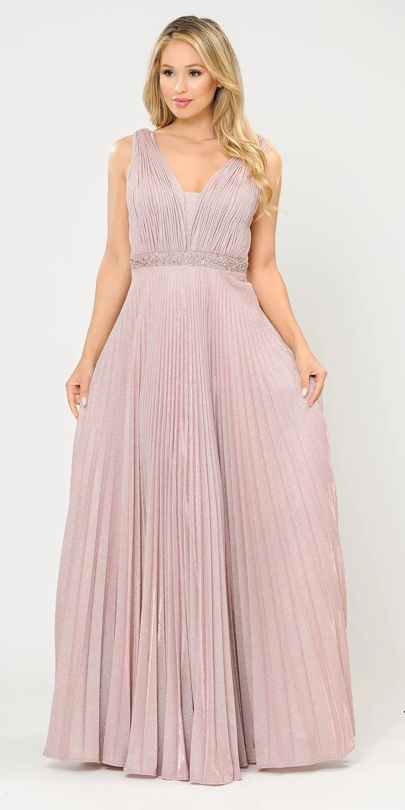 Poly USA 8600 Sleeveless Pleated Glitter Knit Long Dress Beaded Waist