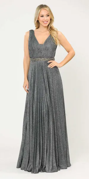 Poly USA 8600 Sleeveless Pleated Glitter Knit Long Dress Beaded Waist