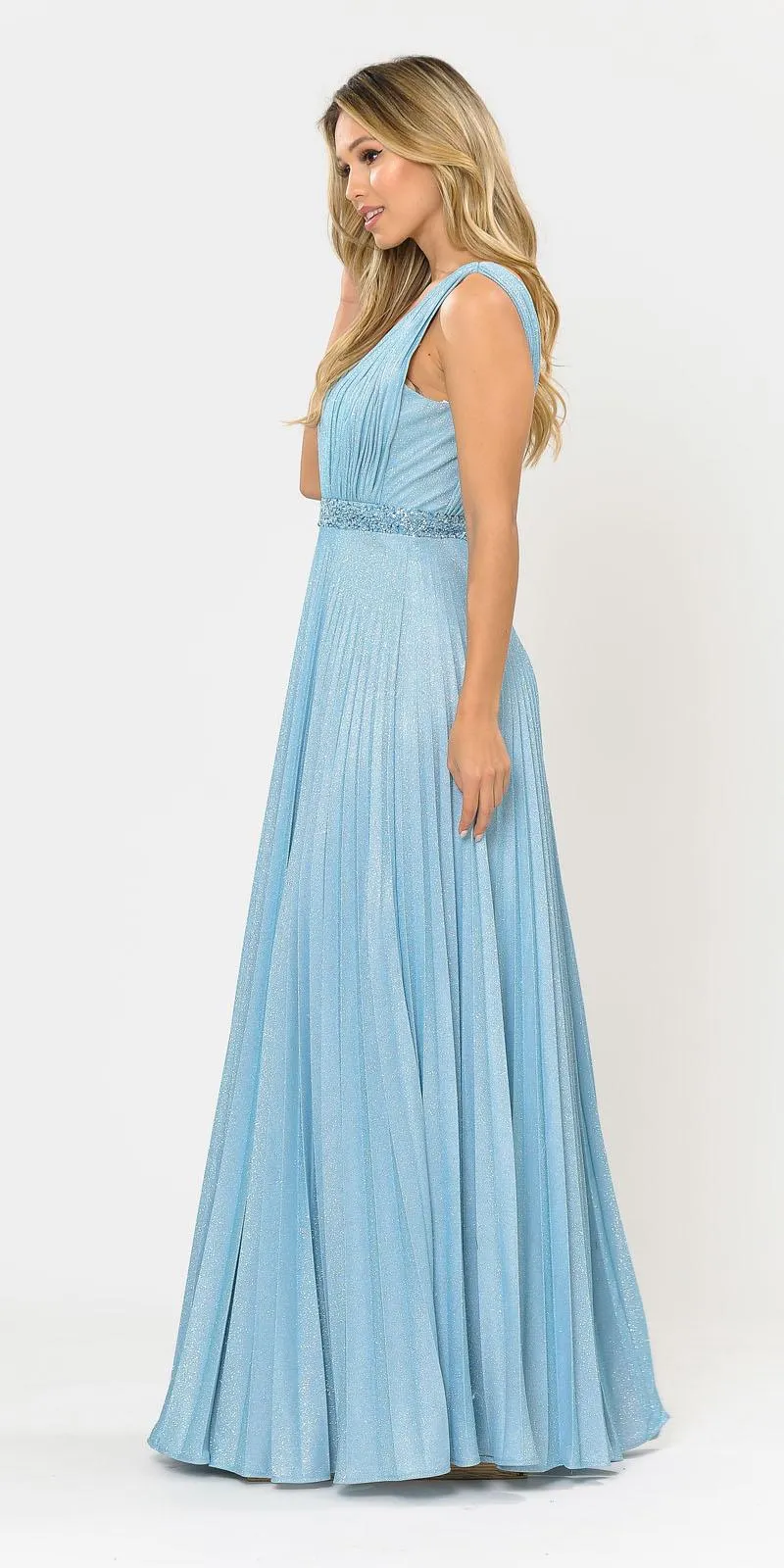 Poly USA 8600 Sleeveless Pleated Glitter Knit Long Dress Beaded Waist