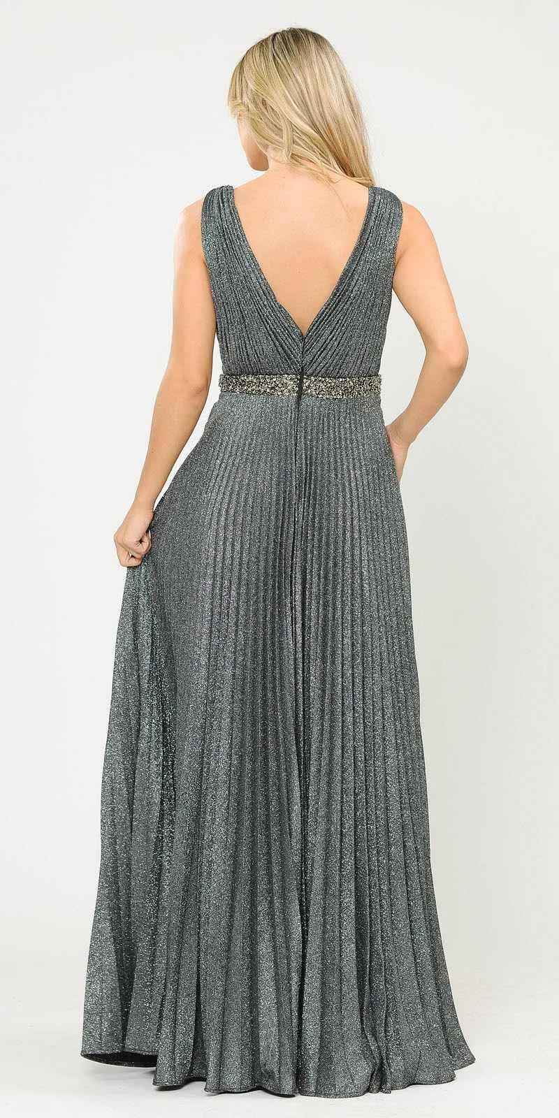 Poly USA 8600 Sleeveless Pleated Glitter Knit Long Dress Beaded Waist