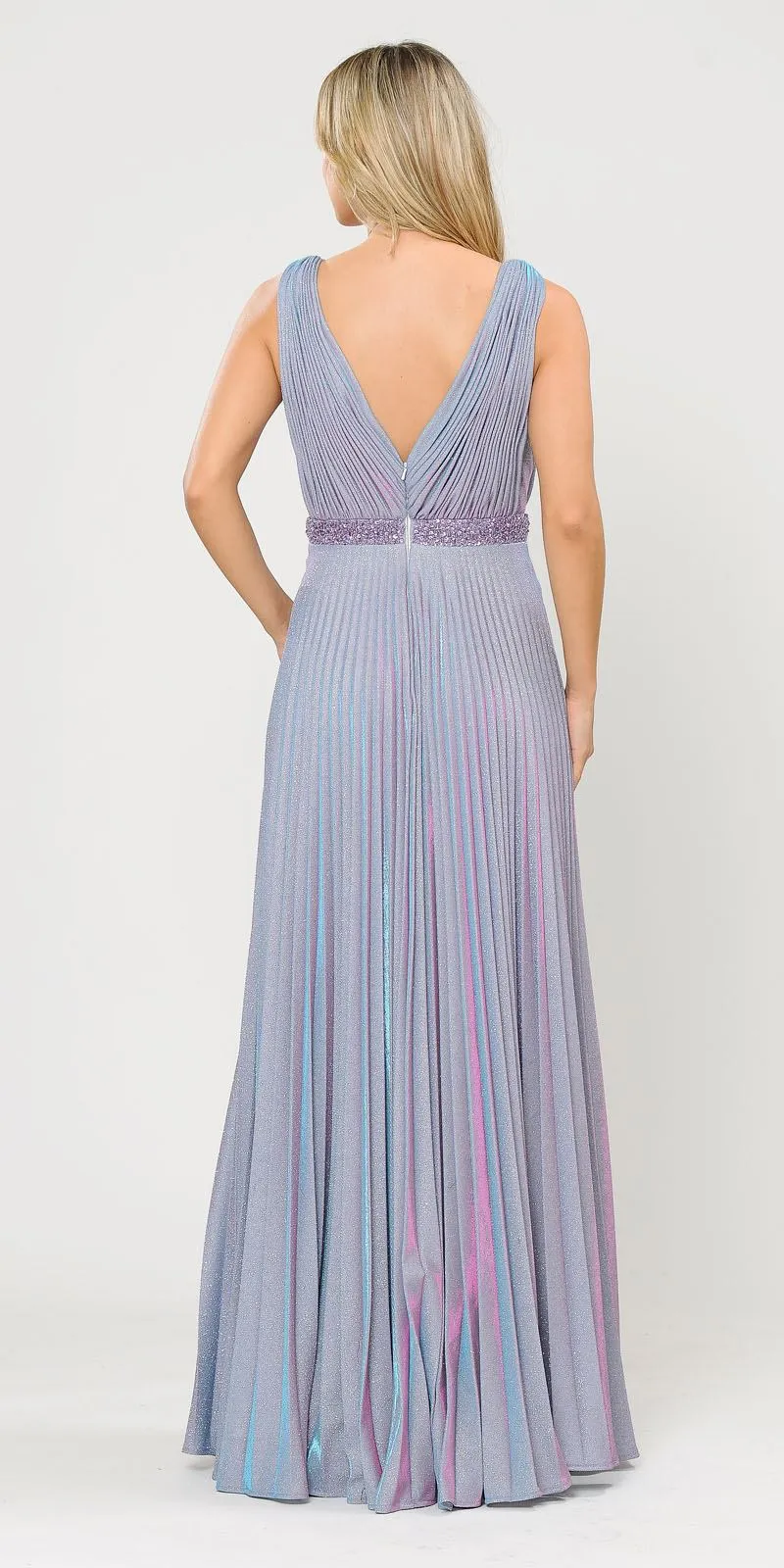 Poly USA 8600 Sleeveless Pleated Glitter Knit Long Dress Beaded Waist