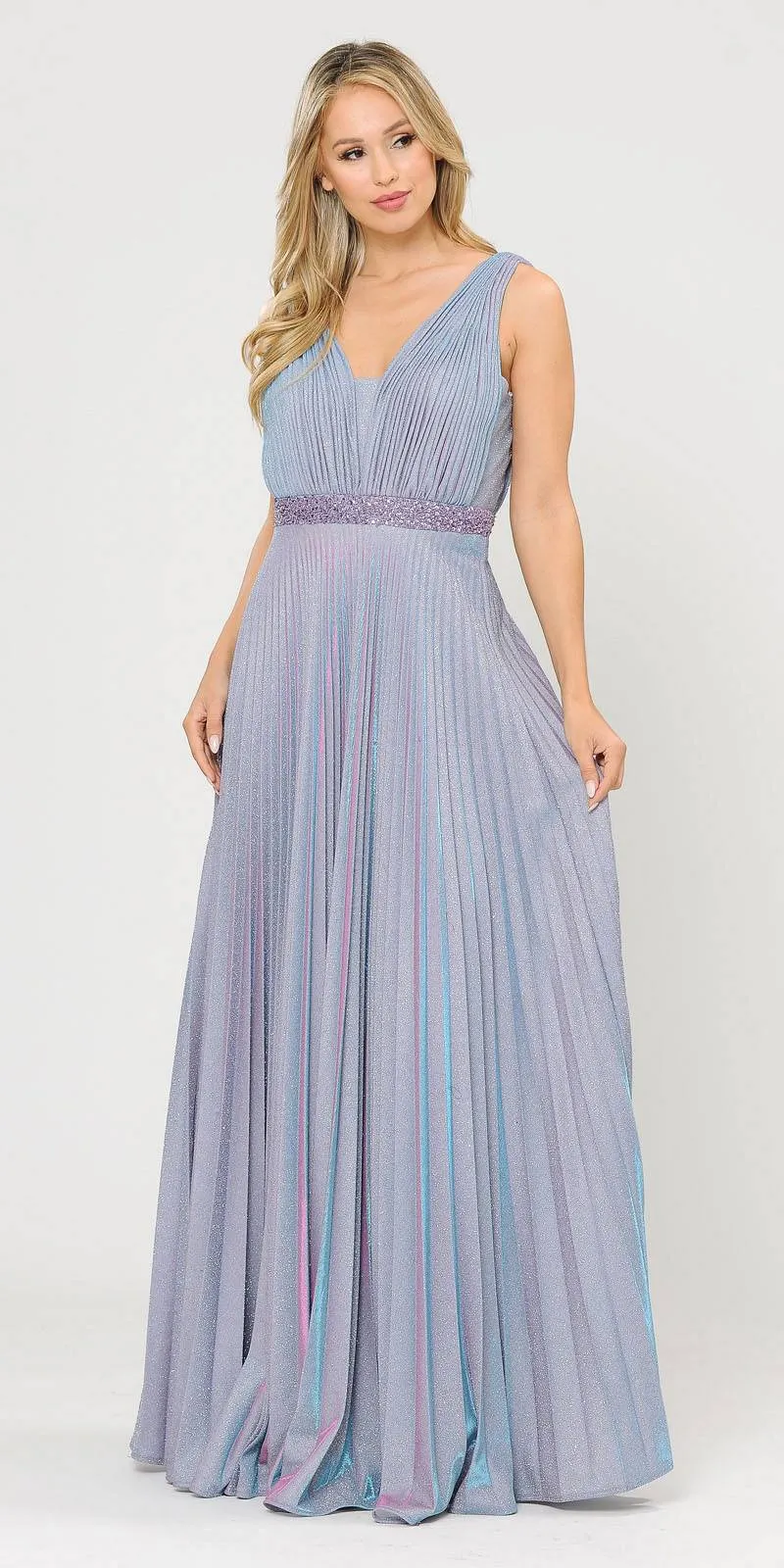 Poly USA 8600 Sleeveless Pleated Glitter Knit Long Dress Beaded Waist