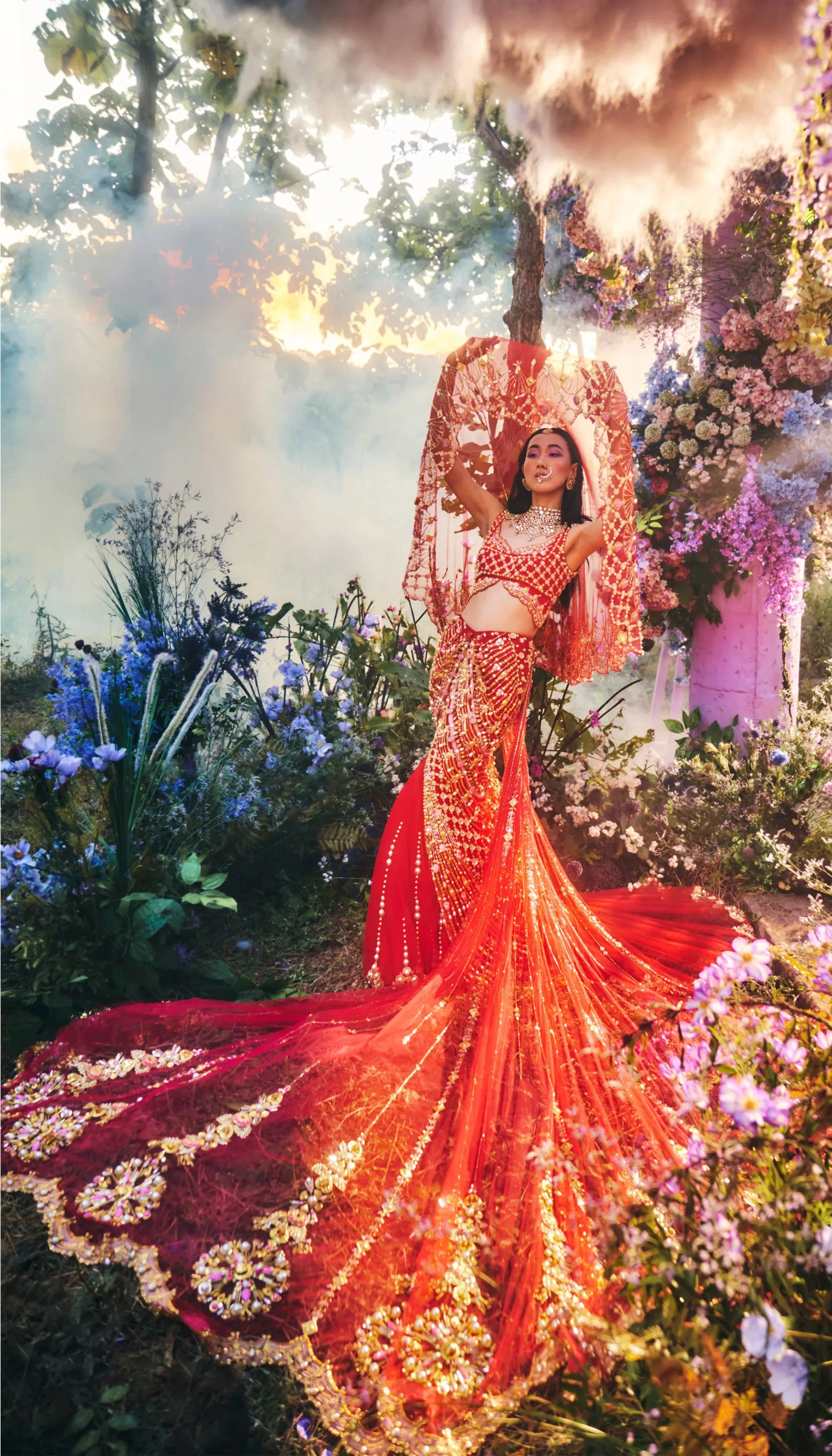 PORTIA - FIERY RED MERMAID CUT LEHENGA SET