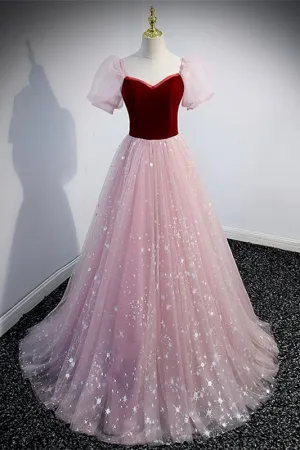 Princess Pink Soft Tulle and Burgundy Velvet Long Formal Gown