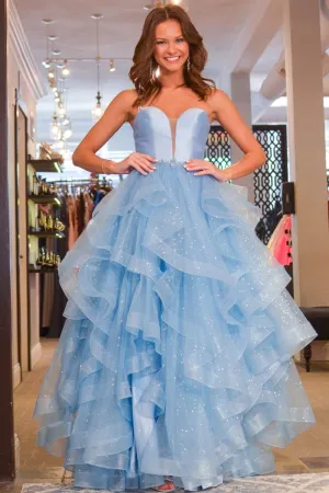 Princess Strapless Satin Glitter Tulle Prom Dresses