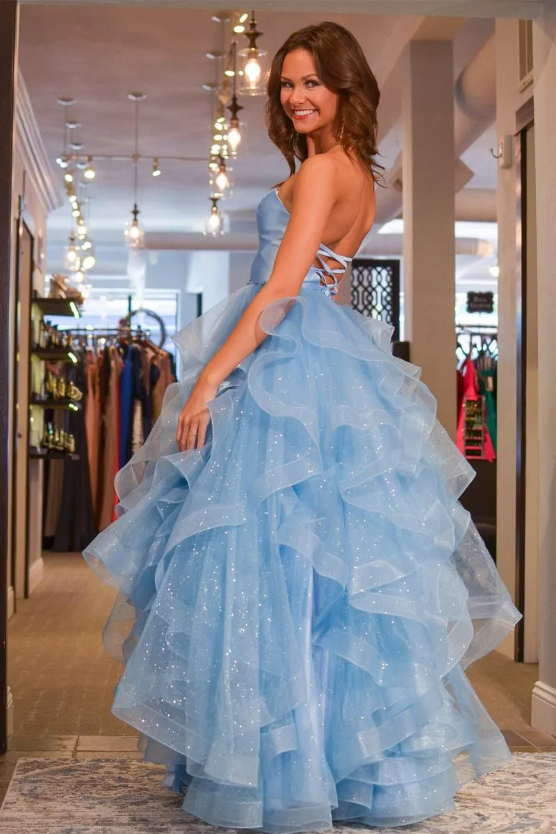 Princess Strapless Satin Glitter Tulle Prom Dresses