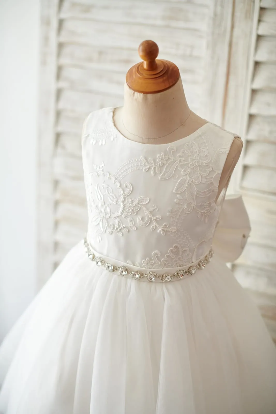 Princess V Back Ivory Lace Tulle Wedding Flower Girl Dress, Big Bow
