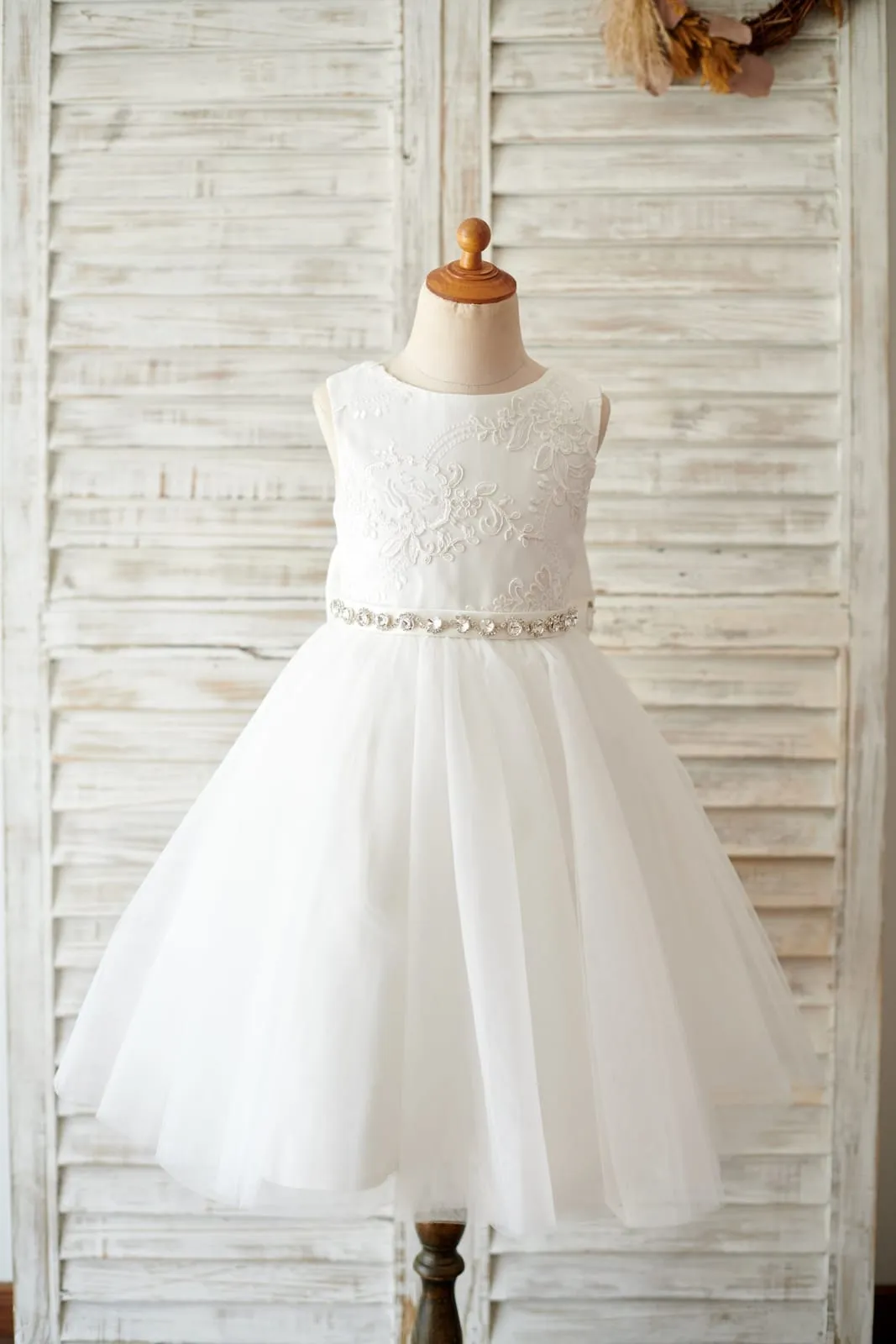Princess V Back Ivory Lace Tulle Wedding Flower Girl Dress, Big Bow