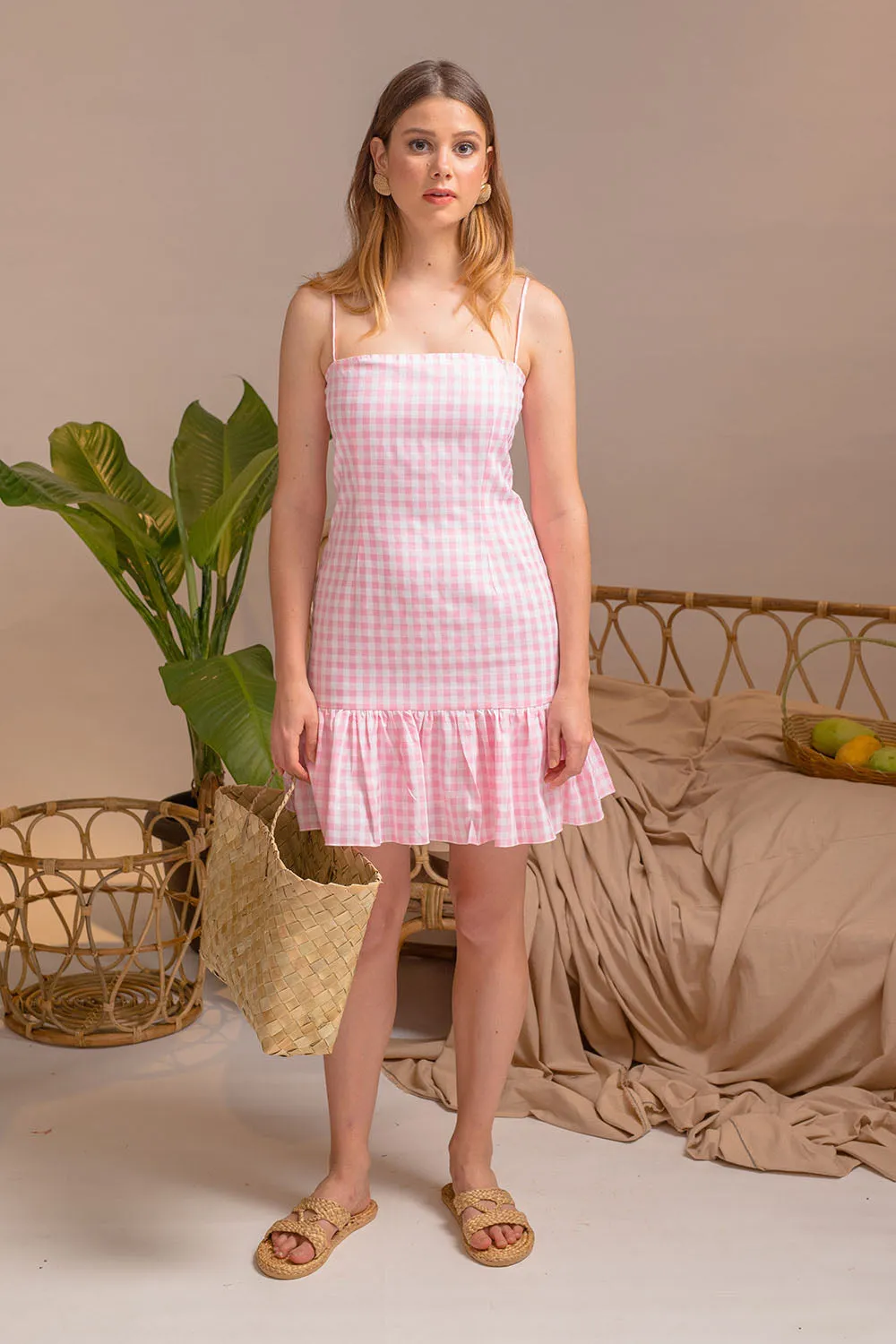 PUEBLA Ruffled Hem Mini Dress with Strappy Straight Cut Neckline (Pink and White Gingham)
