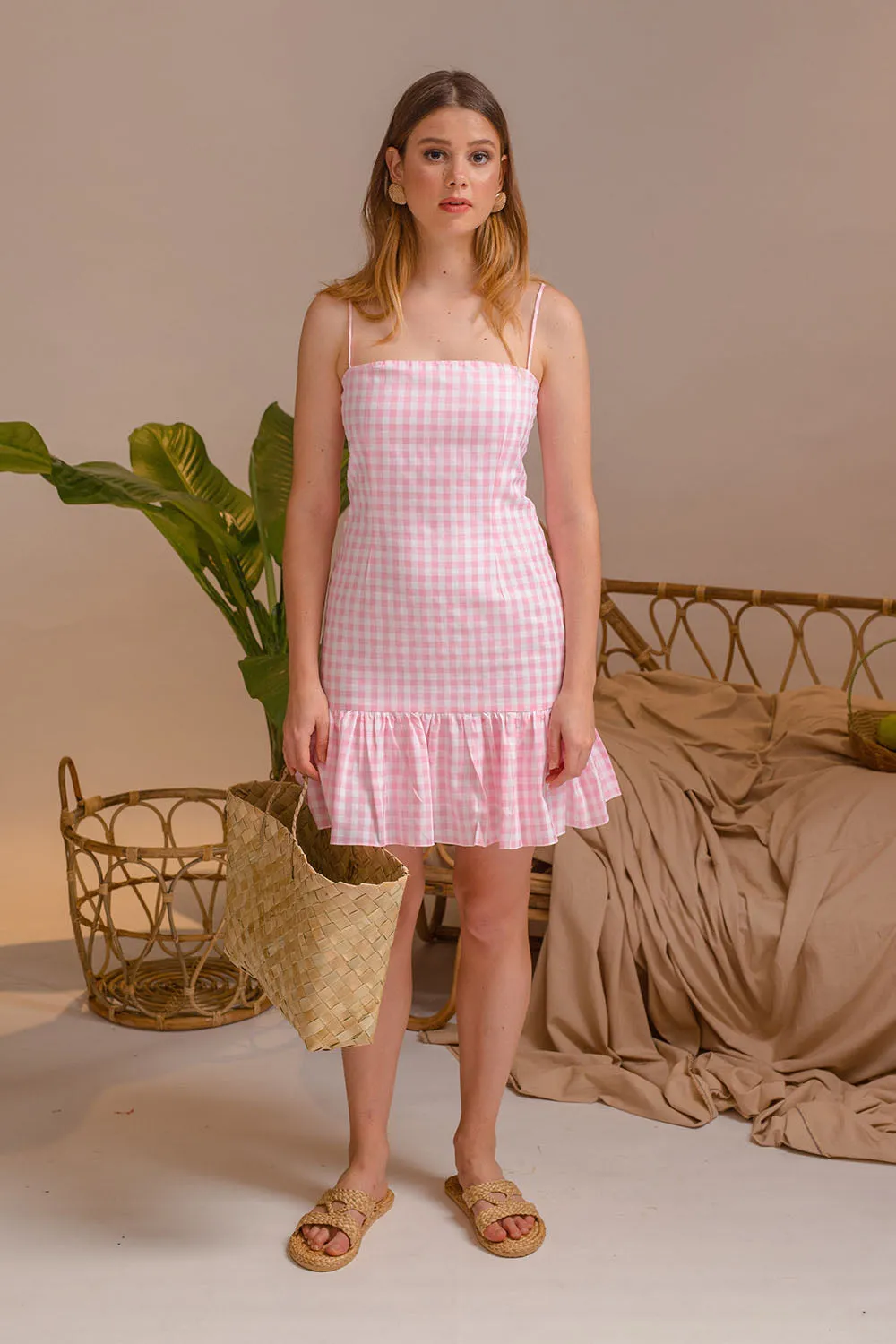 PUEBLA Ruffled Hem Mini Dress with Strappy Straight Cut Neckline (Pink and White Gingham)