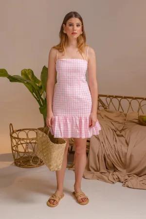 PUEBLA Ruffled Hem Mini Dress with Strappy Straight Cut Neckline (Pink and White Gingham)