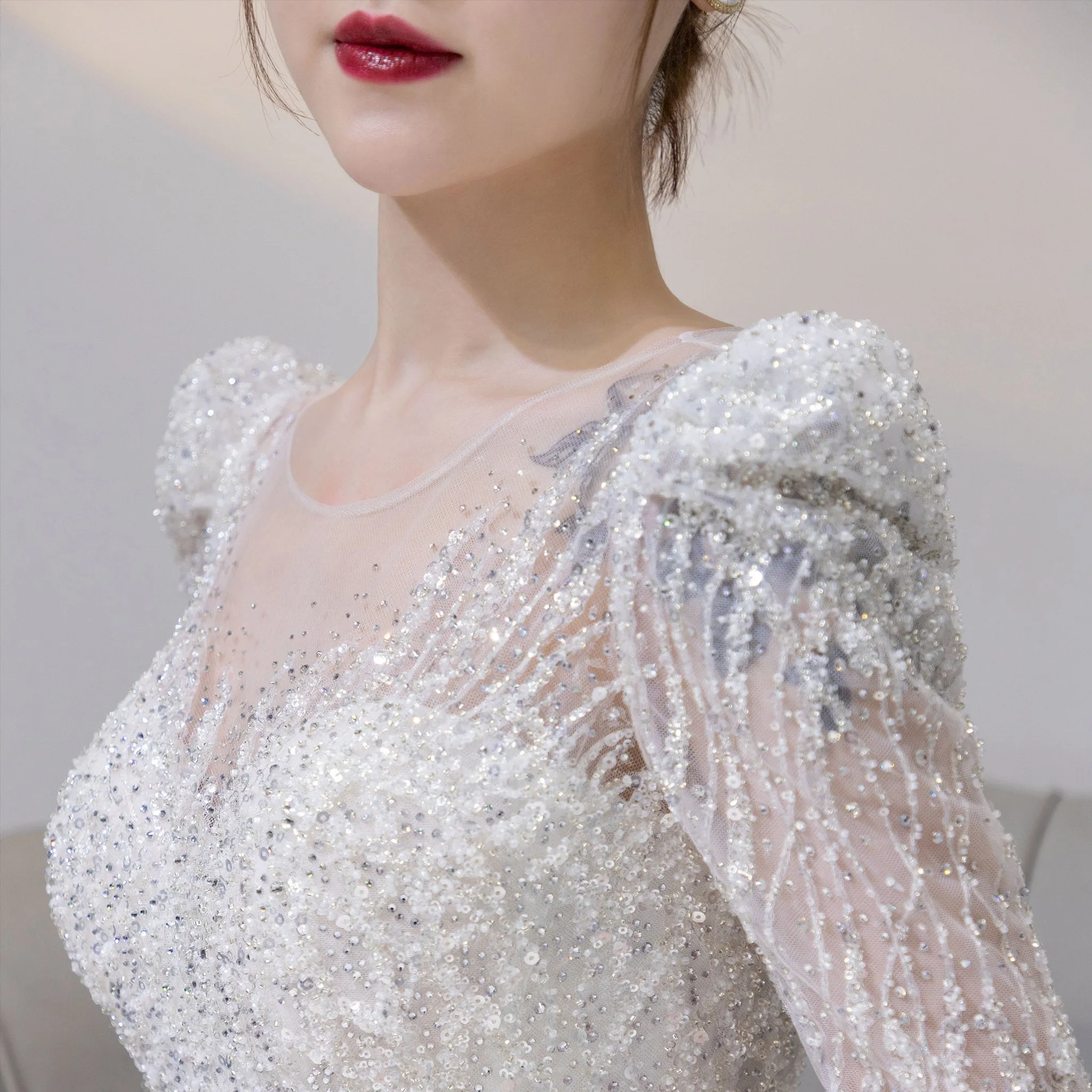 Puffy Long Sleeve Sparkly Crystal Wedding Dress Fit and Flare Skirt