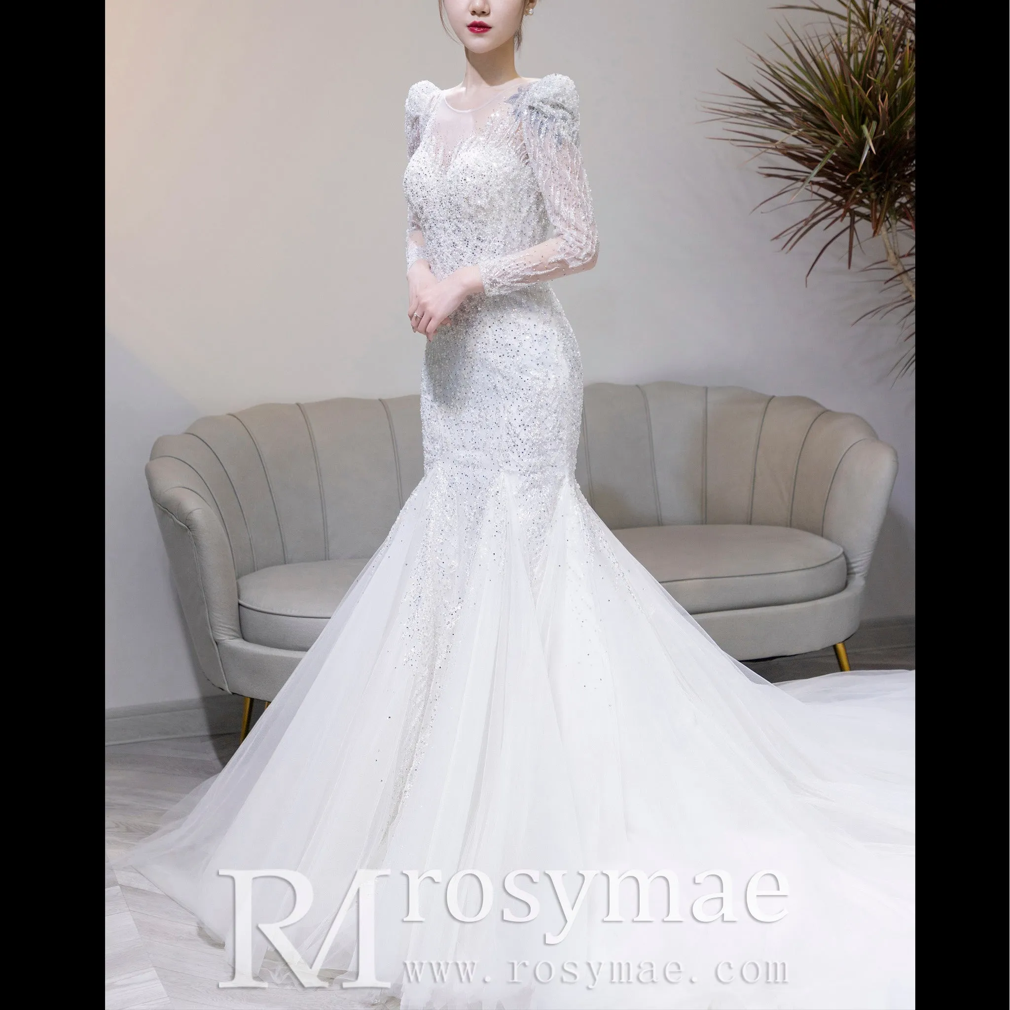 Puffy Long Sleeve Sparkly Crystal Wedding Dress Fit and Flare Skirt