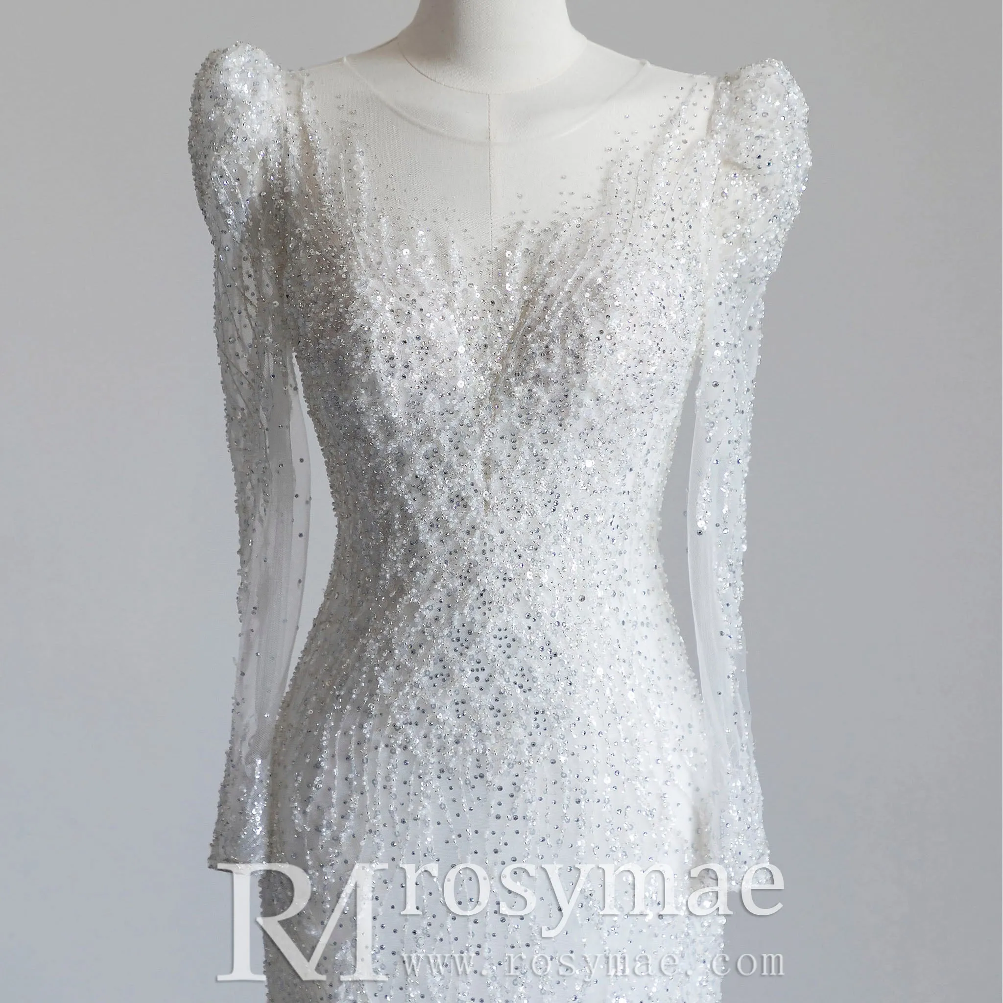 Puffy Long Sleeve Sparkly Crystal Wedding Dress Fit and Flare Skirt